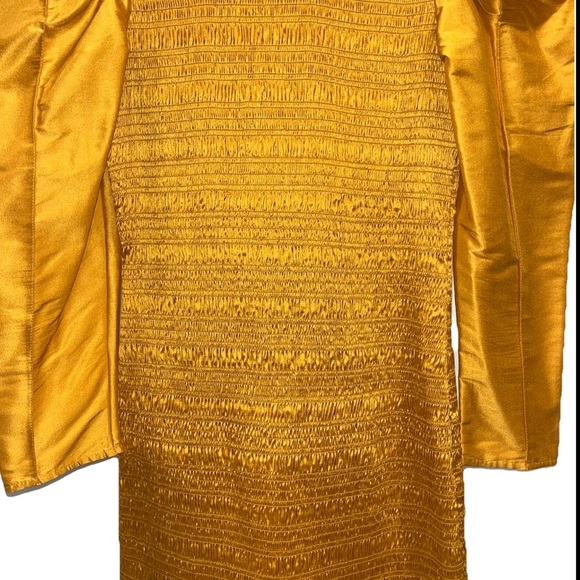 ULLA JOHNSON Aurele dress gold mini silk 4 puff sleeve smocked shirred NWOT - Picture 8 of 15